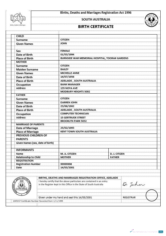 Australia Australian Capital Territory birth certificate template in Word format, version 1